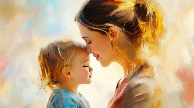 Mother and child sharing a tender moment, text area for family quotes