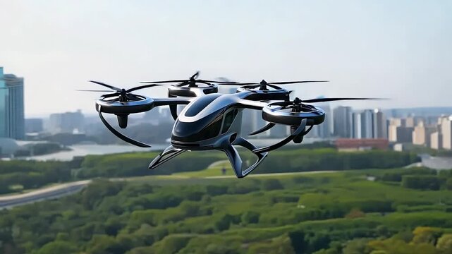 futuristic manned roto passenger drone flying in the sky over modern city for future air transportation and robotaxi video