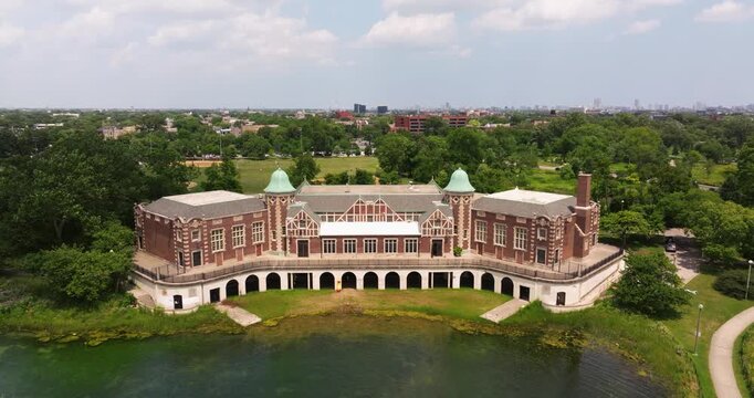 Cinematic Establishing Drone Shot Above Humboldt Park Fieldhouse. Chicago, Illinois