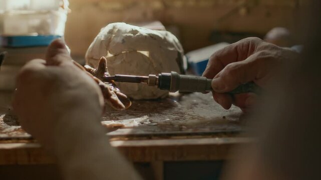 Over shoulder shot of unrecognizable male sculptor soldering small metal sculpture in workshop