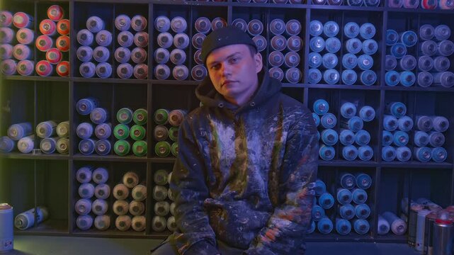 Medium zoom-in portrait of young Caucasian male graffiti artist in abstract print sweatshirt, flatcap, cargo pants sitting in front of shelves with aerosol spray cans in paint shop, looking at camera