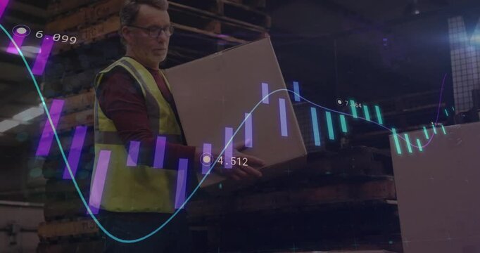 Carrying box in warehouse, worker with stock market data animation over