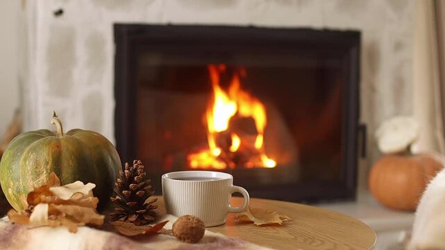 Cozy autumn. Cute dog at burning fireplace with pumpkins and table with cup of tea. Fall in living room footage. Pet and autumn season. Thanksgiving and Halloween