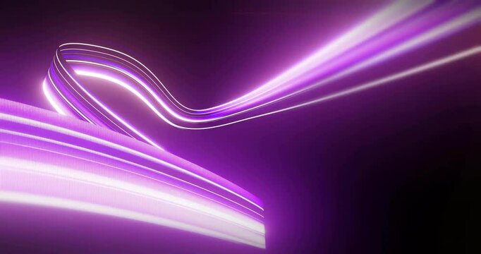 Flowing purple and white light trails, abstract animation over dark background