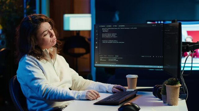 Tired woman hurting from too much stress accumulated while doing software quality assurance on computer. Developer suffers from headache after inspecting coding on PC for too long, camera A