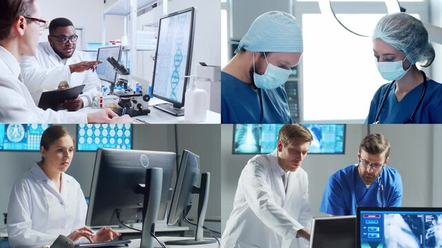 Collection of images featuring medical professionals and scientist in lab and surgery, highlighting teamwork, innovation, and advanced healthcare technology.