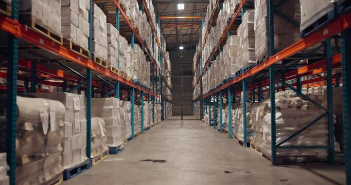 Warehouse, interior and stock on shelf for storage, freight or retail logistics at plant. Empty factory, goods or product package for inventory, shipping or industrial supply chain for cargo delivery