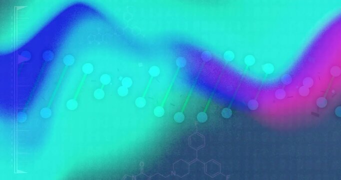 Animation of dna strand over data processing on colourful background