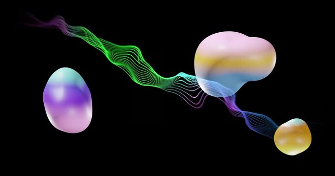 Animation of blobs and abstract shapes moving over waving mesh on black background