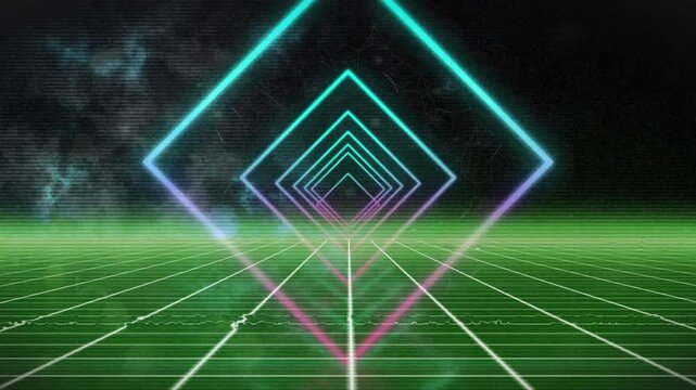 Animation of colourful neon squares over lines on black background