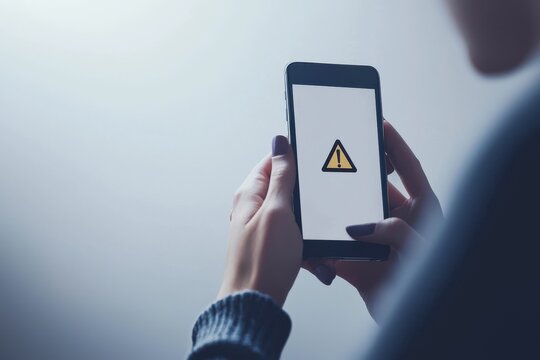 In business, businessmen use mobile smart phones with a virtual warning sign to warn them about investing in the current economic situation, business investment risks.