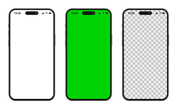 New iPhone 16 Pro and iPhone 16 Pro Max mockup of the new mobile phones. Smartphone mockup set with white empty transparent, white, green touch screen