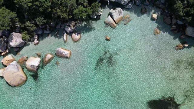 Turquoise lagoon and Santa Giulia beach in Corsica, recorded by drone.