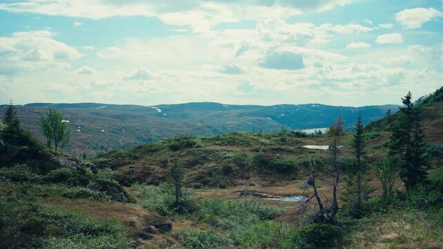 Peaceful Scene Of Slope Mountains On A Hiking Trails In Norway. Aerial Wide Shot