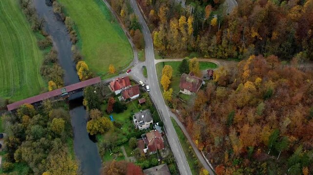 Aerial view of autumn trees on a sunny day in the Black Forest, Baar, Heuberg, Baden-Württemberg, Germany