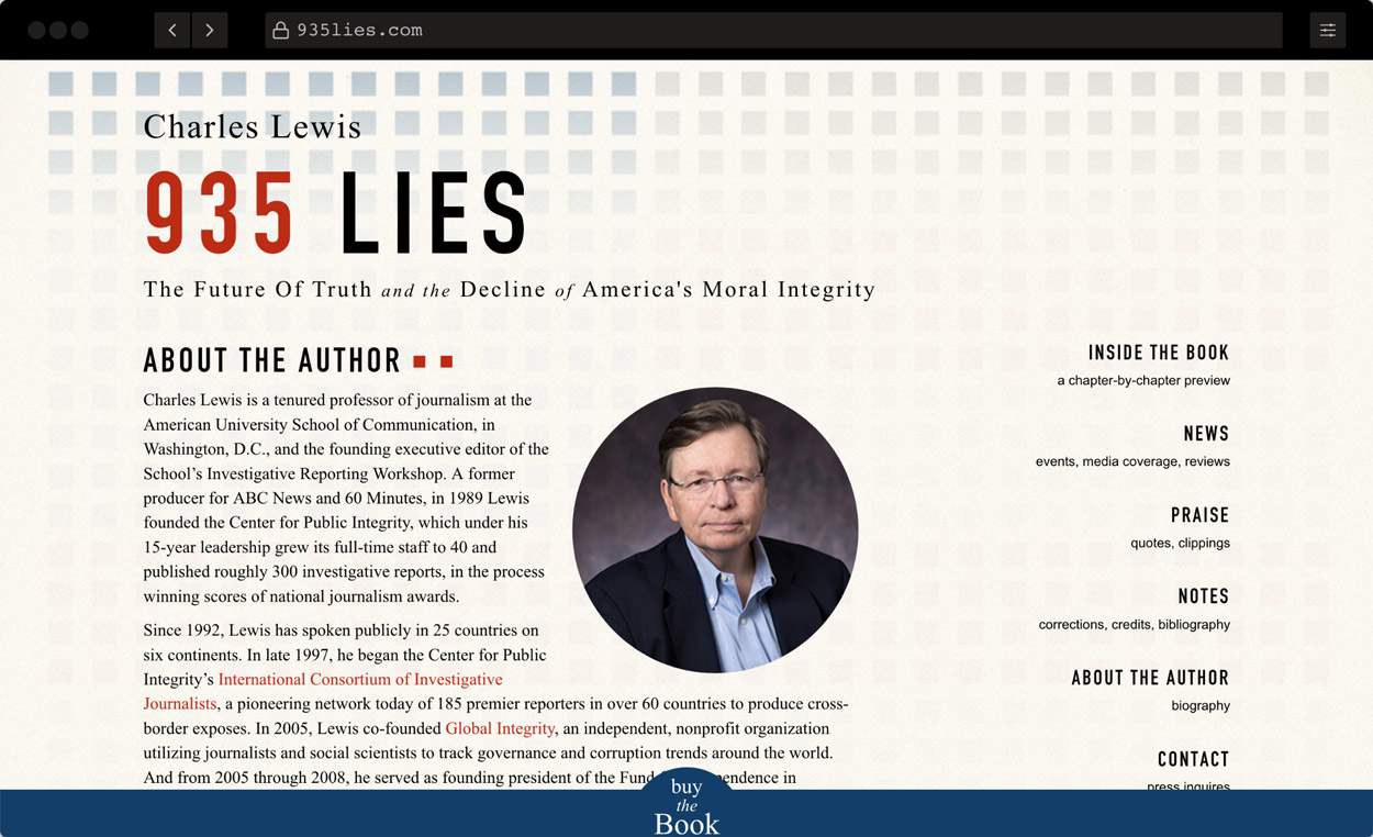 Screenshot of 935lies.com: Book website for author Charles Lewis DC