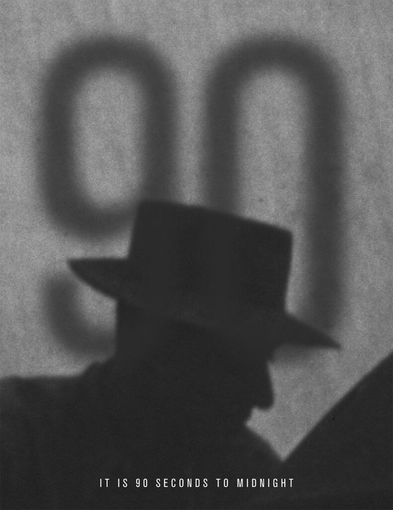 2023 Bulletin Annual Report cover with monochrome Oppenheimer silhouette in front of wall with the number 90 projected on it. Headline reads "It is 90 seconds to midnight".