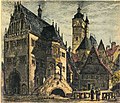 Rathaus und Pfarrkirche in Dettelbach auf einem Gemälde von H. W. Brewer