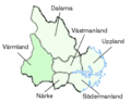 Karta över Svealand. A map of the region Svealand, showing the smaller regions (landskap)