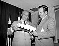 11 October 1974 English: Von Braun, a former Marshall Space Flight Center (MSFC) Director, and Dr. William R. Lucas, a newly appointed MSFC Director, viewing a shuttle model.