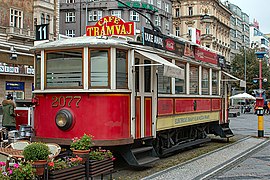 Vintage tram, now a cafe, in Wenceslas Square