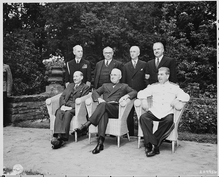 File:Seated in the garden of Cecilienhof Palace in Potsdam, Germany, L to R, British Prime Minister Clement Attlee... - NARA - 198705.jpg