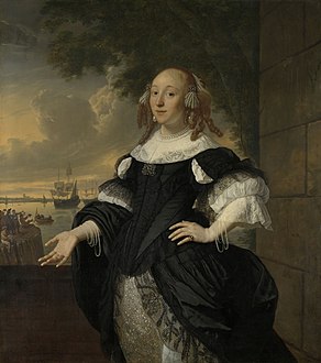Ludolf Bakhuizen and Bartholomeus van der Helst. Portrait of Geertruida den Dubbelde (1647-1684) 1668. oil on canvas medium QS:P186,Q296955;P186,Q12321255,P518,Q861259 . 139 × 125 cm (54.7 × 49.2 in). Amsterdam, Rijksmuseum Amsterdam.