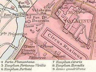 map of Forum Boarium, Velebrum, Templum Herculis, Cloaca Maxima.