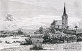 English: Parish church Saints Peter and Paul, with the Prince's Stone in the foreground and the Pilgrimage church "Mariae Himmelfahrt" (Maria Saal) in the background Deutsch: Pfarrkirche Heilige Peter und Paul, mit dem Fürstenstein im Vordergrund und der Wallfahrtskirche „Mariä Himmelfahrt“ von Maria Saal im Hintergrund