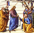 Jesus gives keys to Saint Peter, fresco by Pietro Perugino in Sistine Chapel