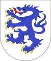 Coat of arms of "Old Bavaria" (Altbayern) (the "Blue Panther"): Argent, a panther rampant azure armed or ; forming the 3rd quarter of the Greater coat of arms of the Free State of Bavaria, adopted in 1950, designed by w:Eduard Ege in 1946