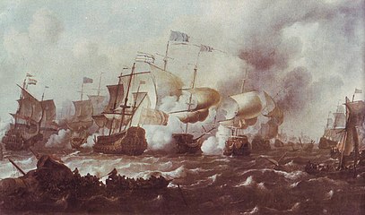 Engagement between British and Dutch Ships, after 1673 1652-1708. oil on canvas medium QS:P186,Q296955;P186,Q12321255,P518,Q861259 . 94 × 113.5 cm (37 × 44.6 in). Dresden, Gemäldegalerie Alte Meister.