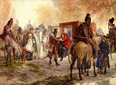 Hussars escorting a Polish family label QS:Len,"Hussars escorting a Polish family" label QS:Lde,"Husaren bringen eine polnische Familie auf" 1850