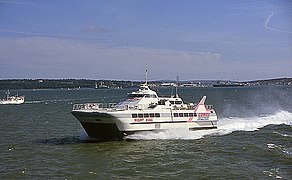 Wight King Cowes Express surface effect craft leaving Cowes