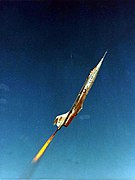 The Lockheed NF-104A had rocket and air-breathing turbojet engines, shown here climbing with rocket power