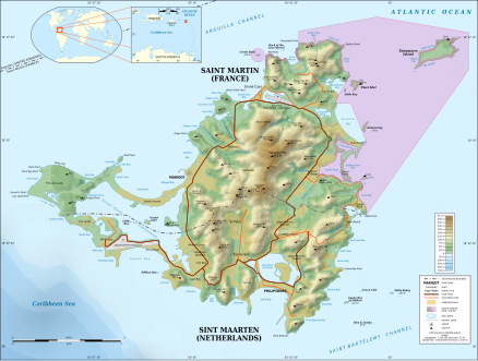 Topographic map in English of the Caribbean island of Saint-Martin / Sint Maarten, divided between French and Dutch halves.