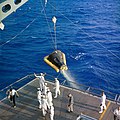 Gemini 3 spacecraft being hoisted on board, 23 March 1965