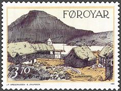 Húsini hjá Peri in Norðragøta. (Faroese stamps 1992).