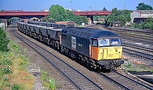 BR Class 56 in Loadhaul livery with coal hoppers at Knottingley