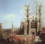 Westminster Abbey with a procession of Knights of the Bath label QS:Len,"Westminster Abbey with a procession of Knights of the Bath" label QS:Lpl,"Opactwo westminsterskie z procesją Rycerzy Łaźni" 1749.