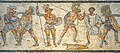 The Zliten mosaic from Libya (Leptis Magna) c. 2nd century CE: A Thraex and murmillo, a hoplomachus and murmillo (who is signaling his defeat to the referee), and a matched pair.