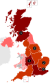 Confirmed cases in the United Kingdom by number, plus death count roundels