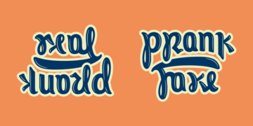 File:Ambigram Real world Prank Fake.png Blue letters on orange background, high resolution PNG, up and down