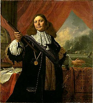 Ludolf Bakhuizen and Bartholomeus van der Helst. Portrait of Johan de Liefde (circa 1619 date QS:P,+1619-00-00T00:00:00Z/9,P1480,Q5727902 -1673) 1668. oil on canvas medium QS:P186,Q296955;P186,Q12321255,P518,Q861259 . 139 × 122 cm (54.7 × 48 in). Amsterdam, Rijksmuseum Amsterdam.