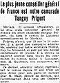 L'élection de François Tanguy-Prigent comme conseiller général du canton de Lanmeur (journal Le Populaire du 22 octobre 1934).