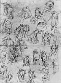 Hieronymus Bosch (?). Beggars and criples label QS:Len,"Beggars and criples" label QS:Lde,"Bettler und Krüppel" label QS:Lnl,"Bedelaars en kreupelen" . pen and brown ink on paper. 26.4 × 19.8 cm (10.3 × 7.7 in). City of Brussels, Royal Library of Belgium.
