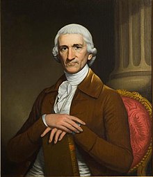 Portrait of Charles Thomson, wearing a white wig and brown coat and holding a leatherbound book, painted by Joseph Wright
