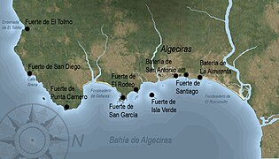 Español: Plano histórico de los fuertes de costa de Algeciras.