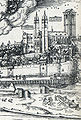 St. Severin und Severinstorburg - Holzschnitt, Ausschnitt aus Woensam „Große Ansicht von Köln“ (1530 Anton von Worms)