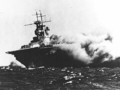 US Aircraft Carrier USS Wasp (CV-7) burning shortly after Japanese torpedo attack